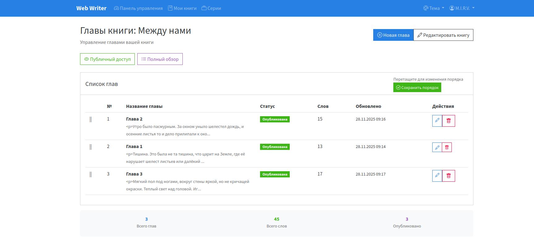 Управление главами книги