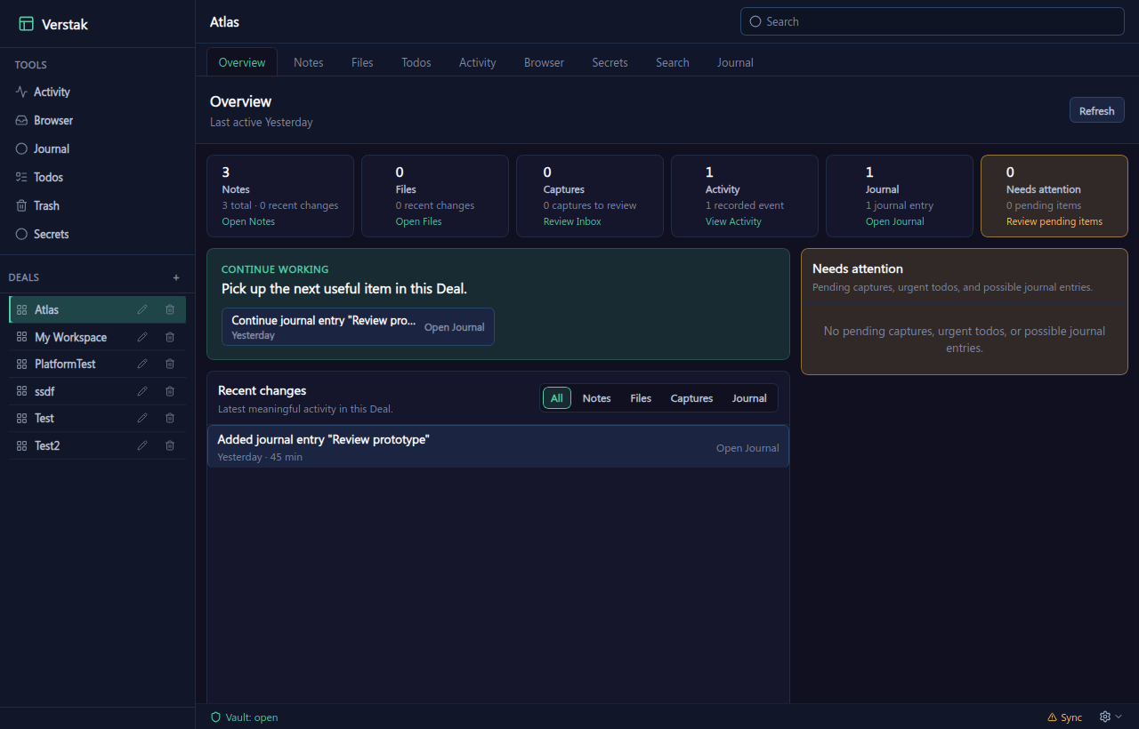Current Verstak Overview in a test vault